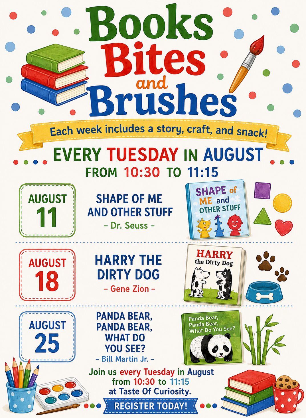 Tuesdays 10:30AM - Books, Bites & Brushes with Ms. Sareena