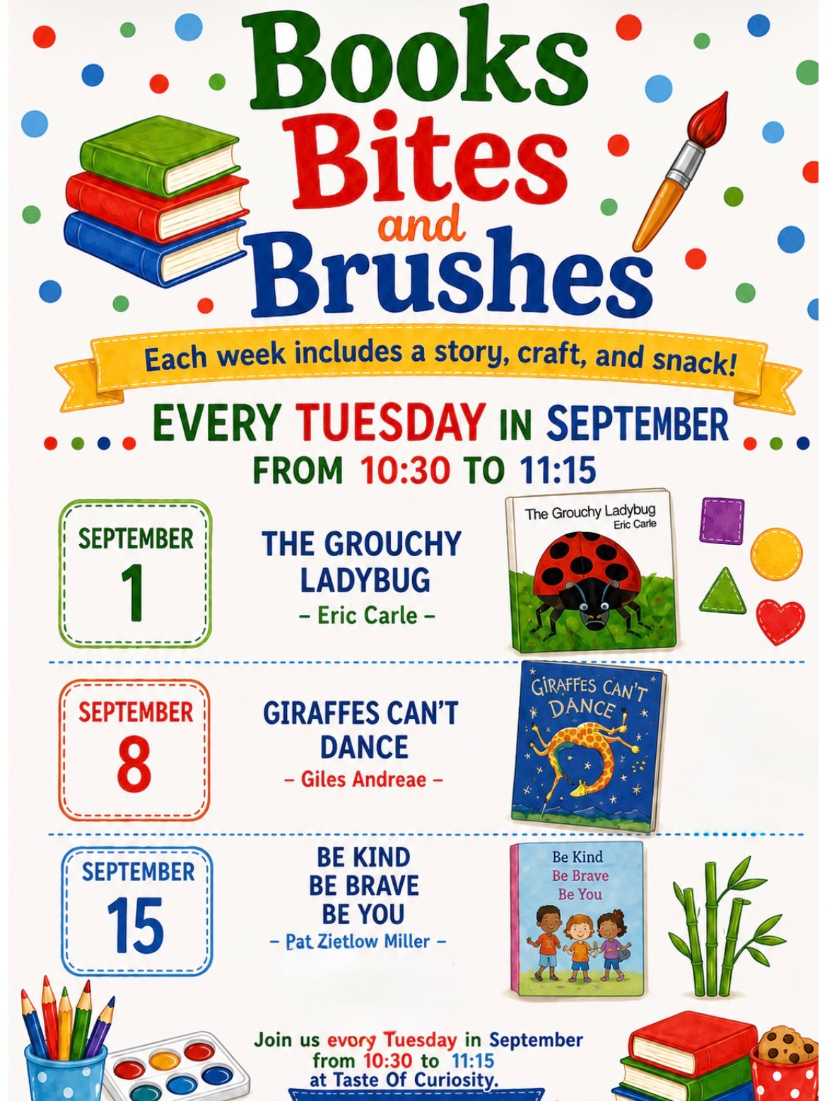Tuesdays 10:30AM - Books, Bites & Brushes with Ms. Sareena